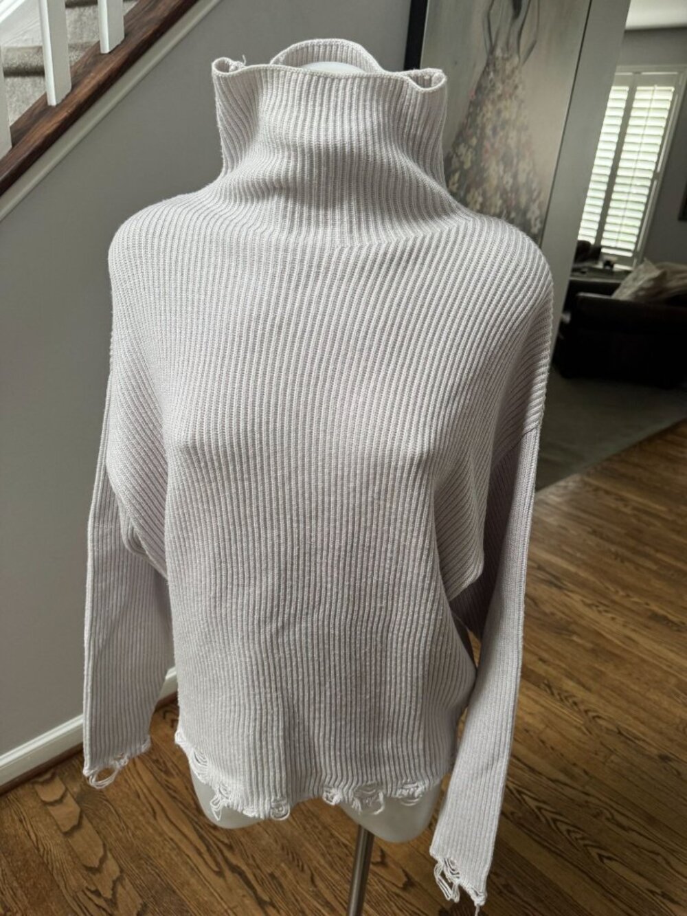 IRO 100% Merino Wool Ribbed Distressed Turtleneck Sweater Grey Small